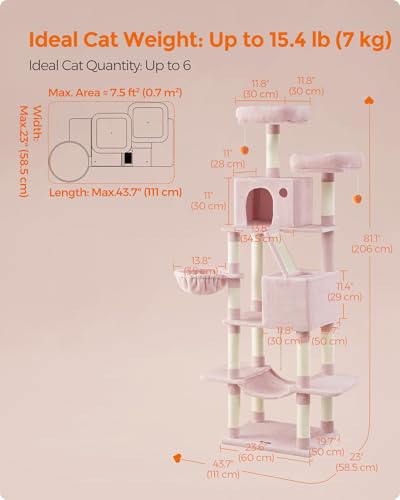 Image of Feandrea Cat Tree, 81.1-Inch Large Cat Tower, Multi-Level Condo, Jelly Pink | with 13 Sisal Scratching Posts, 2 Perches, 2 Cave, Hammock, Basket, Pompoms for Indoor Cats, Easy to Assemble, UPCT190P01