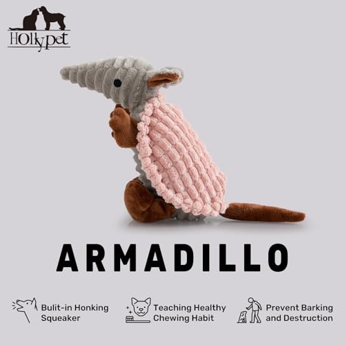 Image of Hollypet Plush Dog Squeaky Toy Stuffed Armadillo Animal Pet Puppy Chew Toys with Clean Teeth for Small Medium Large All Breed Sizes Dogs, Light Pink, 8 in