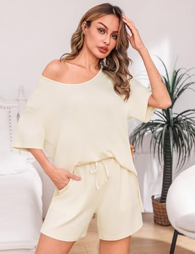 Totatuit Women's 2 Piece Lounge Sets Oversized U Neck T-Shirt and High Waisted Bermuda Shorts with Pockets Summer Matching Outfits for Travel Beige Large — view 4