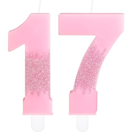 Pink 17th Birthday Candles, Pink Number 17 Candles Frozen Cake Decorations, Pink Frozen Party Candles, Glitter Pink Candle Cake Topper for Girls Boys Birthday Party Decor Wedding Anniversary Supplies