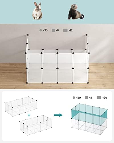 SONGMICS Pet Playpen, Guinea Pig Run and Cage with Floor, Indoor DIY Transparent Plastic Enclosure for Hamsters, Rabbits, Hedgehogs, Small Animal Exercise Habitat, White LPC02W
