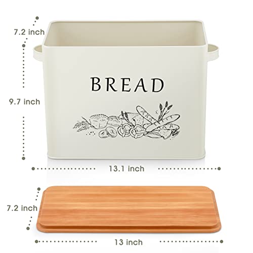 Teamfar Bread Box With Wooden Lid, 13.1” X 7.2” X 9.7” Metal Bread Container Storage Holder For Family Farmhouse Kitchen Countertop, Powder-Coated & Healthy, Large Capacity & Classic Pattern (Off White) #TOP1