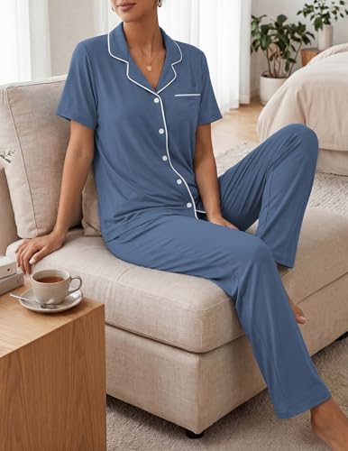 Image of Womens Pajamas Sets 2 Piece Button Up Pj Sets Short Sleeve with Long Pant