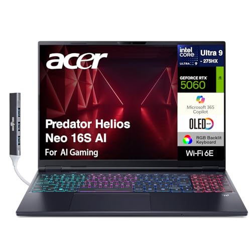 Image of acer Predator Helios Neo 16S AI Gaming Laptop 16.0 inch 240Hz OLED WQXGA (Intel Ultra 9-275HX, GeForce RTX 5060 8GB, 64GB DDR5, 2TB PCIe SSD, Copilot, Thunderbolt 4, Win 11 Home) w /DKZ USB Port Expander