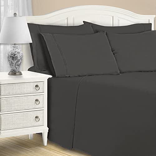 Superior Cotton Blend 1200 Thread Count Bed Sheet Set, Elegant Bedding, 6-Piece Set Includes 1 Elastic Deep Pocket Fitted Bedsheet, 1 Flat Sheet, 4 Pillowcases, Modern Sateen Weave, Queen, Charcoal #TOP26