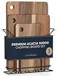 Premium Acacia Wood Chopping Board Set - 3 Thick Wooden Chopping Boards with Metal Stand, Ideal for Meat, Vegetables, Cheese and Bread. Cutting Board, Cheese Board, Wooden Tray, Charcuterie Boards