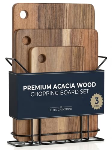 Premium Acacia Wood Chopping Board Set - 3 Thick Wooden Chopping Boards with Metal Stand, Ideal for Meat, Vegetables, Cheese and Bread. Cutting Board, Cheese Board, Wooden Tray, Charcuterie Boards