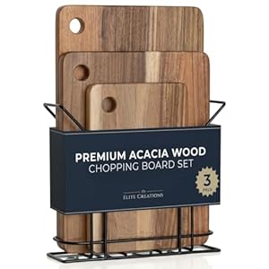 Premium Acacia Wood Chopping Board Set – 3 Thick Wooden Chopping Boards with Metal Stand, Ideal for Meat, Vegetables, Cheese and Bread. Cutting Board, Cheese Board, Wooden Tray, Charcuterie Boards