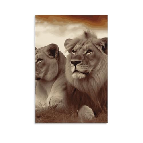 Toile murale lion africain et lionne moderne tableau décoration salon