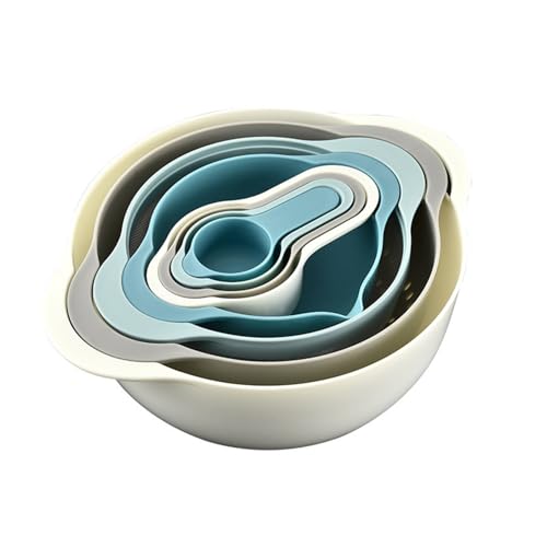 Foni Fox Plastic Mixing Bowls Set 8/10 PCS with Measuring Spoon, Colorful Serving Bowls for Kitchen, Ideal for Baking, Prepping, Nesting Bowls for Space Saving Storage (Pebble Stream)