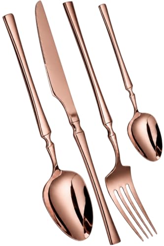 Image of Elegant Handle Rose Gold 24 Pcs Stainless Steel Cutlery Set for Dining Table, Dishwasher Safe Glossy Flatware (6 Spoon Set+6 Forks Set+6 Butter Knife+6 Dessert Spoon)