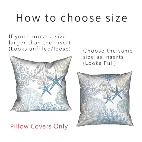 Image of Tritard Nautical Coastal Throw Pillow Covers 16x16 Set of 2 Beach Themed Ocean Seashell Coral Starfish Velvet Couch Decorative Pillow Cases Outdoor Sofa Cushion Cover for Bedroom Living Room, Blue