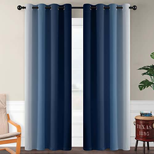 Image of SimpleHome Ombre Blue to Grey White Curtains for Living Room 52Wx84L | Room Darkening Curtains for Bedroom,Gradient Light Blocking Curtain,Thermal Insulated Grommet Window Drapes,2 Panels,84 Inch