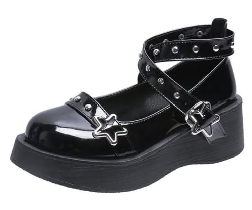 Ulalaza Femmes Lolita Chaussures Talon Mary Jane Dentelle Chaussures à Semelle avec nœud Kawaii Mignon Cosplay Wedge Boots Cross Lacet Block Talon Sweet Style