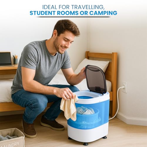 Vonia Mini-Wasmachine inclusief Centrifugeermachine, Wasmachine met Wascapaciteit 2,5 KG, Compact & Energiebesparend, Wit/Blauw - Afbeelding 3