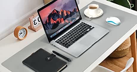 Image of AROPANA Vegan Leather Desk Mat | Large Reversible Mouse Pad & Computer Table Protector | Dual-Side Waterproof Extended Laptop Pad with Edge-Stitched Design (60x35CM, Black and Grey)