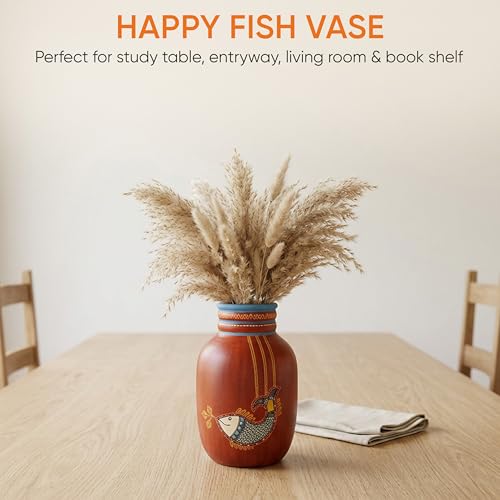 Image of Aakriti Art Creations Madhubani Fish Terracotta Vase | Handmade Rustic Red Decorative Flower Vase | Traditional Folk Art Vase for Living Room Table Decor & Housewarming Gift