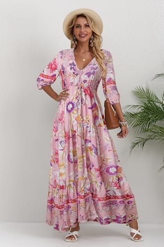 Image of Women Short Sleeve V Neck Floral Print Casual Bohemian Maxi Dresses