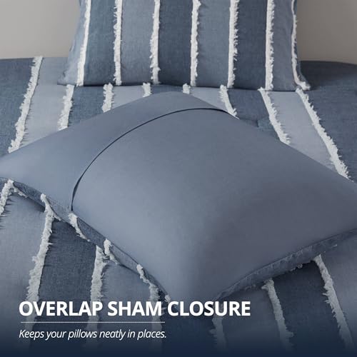 Image of INK+IVY Queen Comforter Set Boho Comforters Stripes, Clipped Jacquard, Cotton Comforter for Queen Size Bed, All Season Poly Fill Lightweight Queen Bedding & Shams, Shay, Full /Queen, Blue 3 Piece