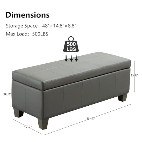 Image of 51 Inch Storage Ottoman, Storage Bench with Safety Hinge, Upholstered Synthetic Leather Ottoman Bench for Bedroom, Living Room, Entryway, Hallway, Foot Rest, Support 500lbs
