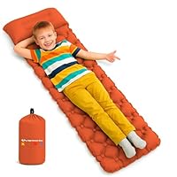 High Stream Gear Kids Sleeping Pad for Camping and Sleepovers with Pillow Inflatable Camping Mattress for Backpacking & Travel, Thick Toddler Cot Mat, Fast Inflating Mat (Orange)
