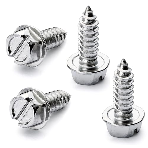 License Plate Screws - Chrome, Set of 4 Fasteners - for Front and Back License Plates, Frames or Covers on Cars, SUVs, Trucks - Self Tapping Mounting Bolts (Chrome Stainless Steel)