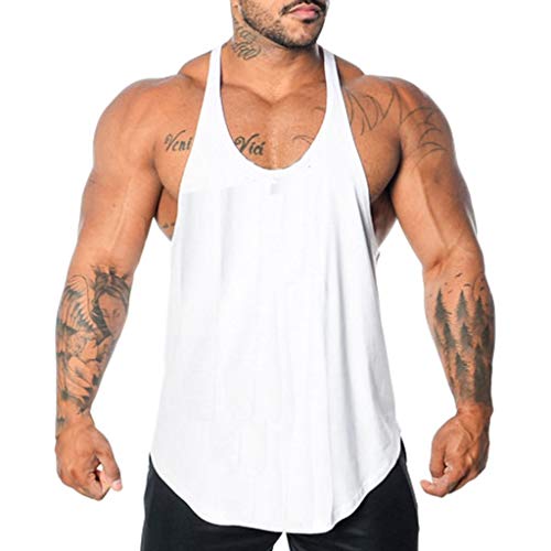 VEKDONE Men's Gym Stringer Tank Top Bodybuilding Workout Y Back Sleeveless Muscle Fitness Vest(White,XXX-Large)