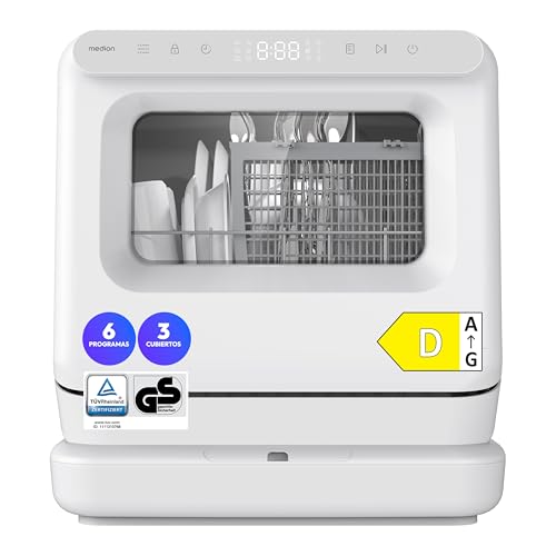 MEDION Mini Lavavajillas DWT30, 3 Servicios, Lavavajillas de Sobremesa, funciona con o sin conexión de agua, 6 Programas, Luz UV, Secado por Aire, Pantalla Táctil, libre instalación, MD370022
