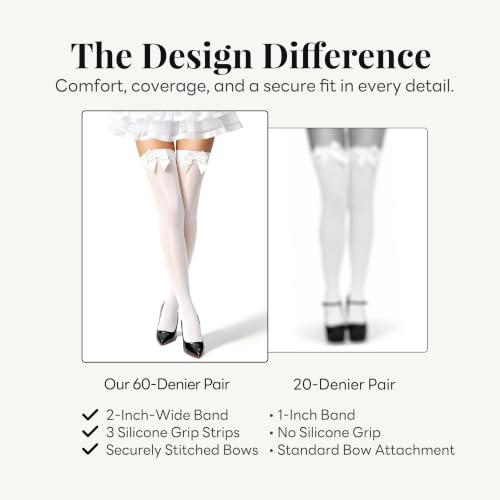 Image of Women's White 60D Thigh-High Stockings with Satin Bows