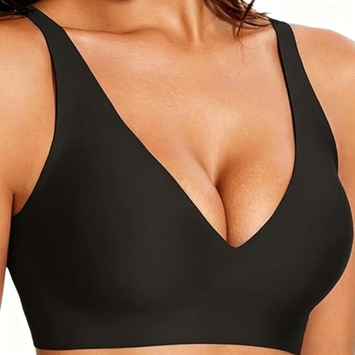Madam Muse Jelly Bra Wireless V Neck Seamless Push Up Bra for Women Full Coverage Bralette Soft Everyday Wear (US Alpha Large Regular Regular Black)