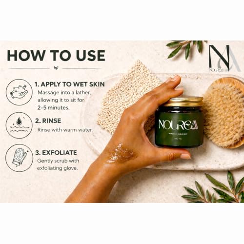 NOUREAA Organic Moroccan Black Soap (Beldi) – Made in Morocco – Traditional Moroccan Hammam Body Cleanser – Olive-Based Black Soap for Exfoliation Prep – Authentic Moroccan Body Care – 7 oz
