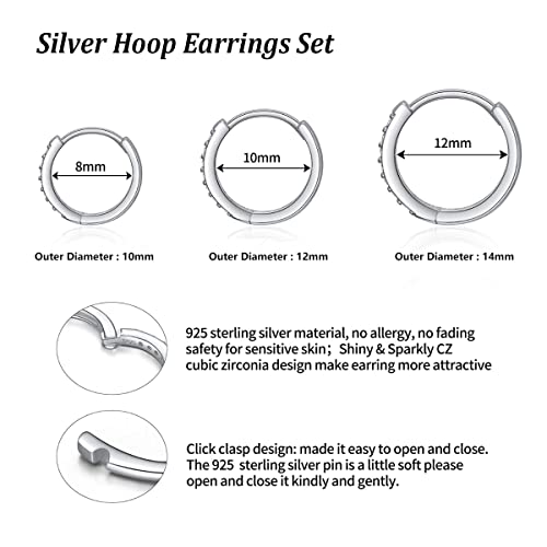 Hasnsofie Creolen Silber Damen Ohrringe, 3 Paare 925 Sterling Silber Set, Hypoallergen Klein Schlafen mit AAA Zirkonia, Kreolen Set in 10, 12, 14mm