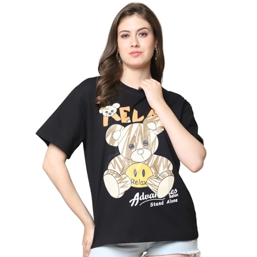 Image of Style Go Pure Cotton Oversized Baggy Fit Drop Shoulder Aesthetic & Cool Graphic Printed Half Sleeve Tshirt for Women || Trendy Tees || Casual Loose Korean T-Shirt