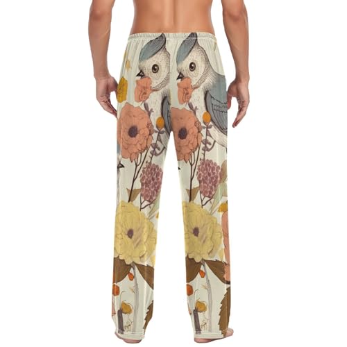 Lounge Pajama Pants for Men Retro Birds Flowers Men's Sleep Bottoms Pants with Drawstring, S2