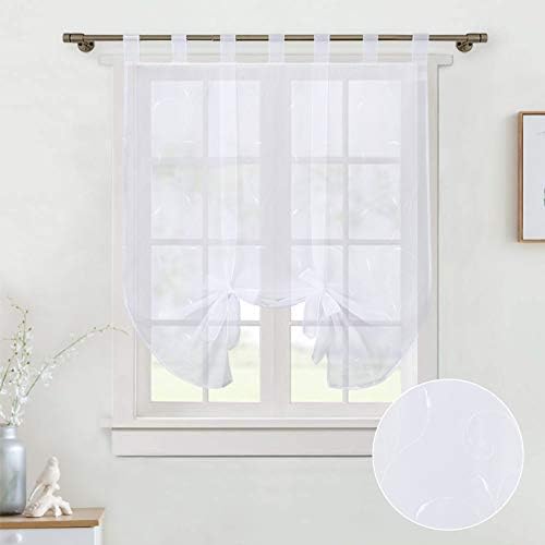 LinTimes Leaves Embroidery Sheer Curtains,Roman Short Window Curtains Tab Top Voile Window Tier Tie Up Curtain for Kitchen Living Room Bedroom,Grey 140cm*140cm