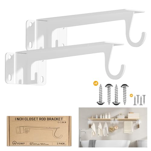 Closet Rod Bracket White WYGWP Heavy Duty Shelf Brackets with Rod Holder Supports 200lbs,Sturdy Closet Shelves Wall Mounted for DIY Home and Closet Decor by WYGWP - Used condition - US$25.10