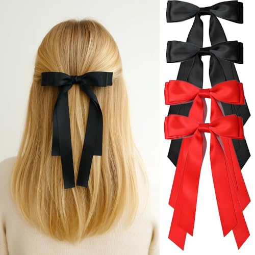 Hair Bows for Women, 4 Pcs Hair Ribbon Coquette Bows for Girls Long Tail Tassel Metal Barrettes for Women Accessories (Black,Red)
