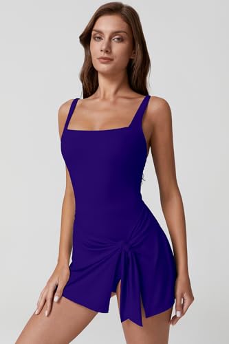 Image of QINSEN Square Neck Swim Dress for Women Tummy Control One Piece Swimsuit Wrap Bathing Suit