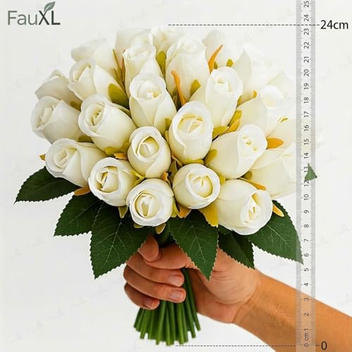 Image of Set of 24 Artificial Rose Flowers Bunches for Vase - Home Decoration Gift Items for Living Room Corner Table Top Bedroom Wedding (Pot Not Included) - 24 CM (White)
