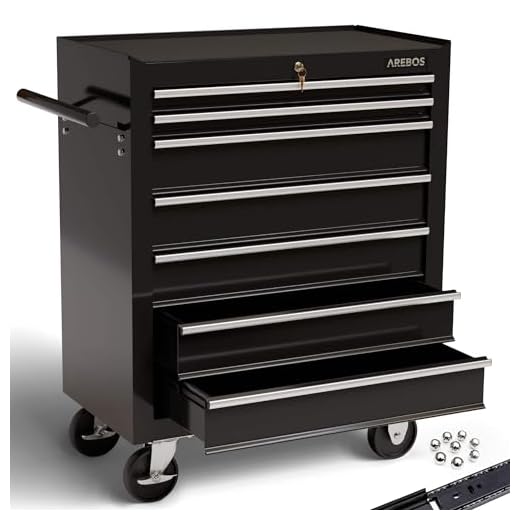 Arebos Werkstattwagen 7 Fächer/zentral abschließbar/Anti-Rutschbeschichtung/Räder mit Feststellbremse/Massives Metall/rot, blau oder schwarz (Schwarz)