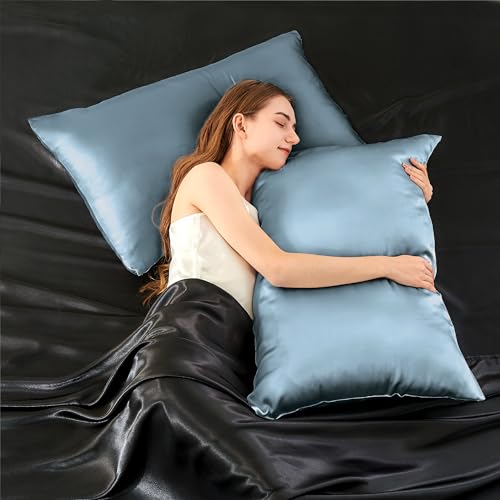 Image of INFIIXSO Silk Pillow Cases 2 Pack Standard Size, Ultra Smooth & Soft Mulberry Silk Pillow Case for Hair and Skin, Breathable Cooling Silk Pillowcase with Hidden Zipper (Airy Blue, 20x26 Inches)
