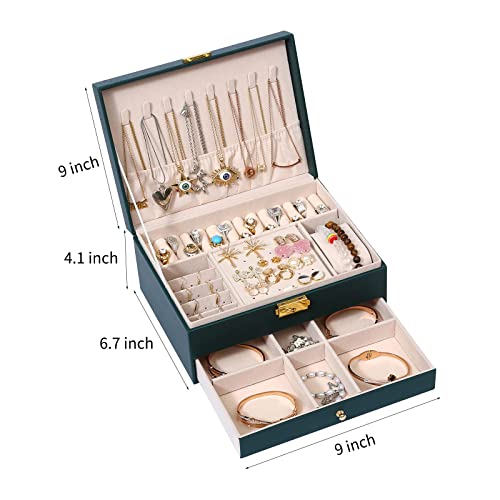 Guoer Jewelry Box For Women Girl Wife - Large Pu Leather Jewelry Organizer Storage Case With Two Layers Display For Earrings Bracelets Rings Watches (Green) #TOP2