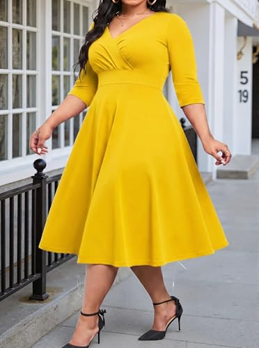 Image of Womens Plus Size Dresses Faux Wrap Summer Dress 3 /4 Sleeves V Neck 1950s Retro Vintage Wedding Party Midi Dress