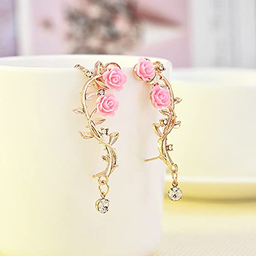Retro Crystal Rose Flower Climbers Crawler Jacket Earrings Sparkly Metal Ear Cuff Wrap Clip Stud Earring Climber Top Ear Clip For Women Girls Fashion Jewelry (Gold) #TOP3