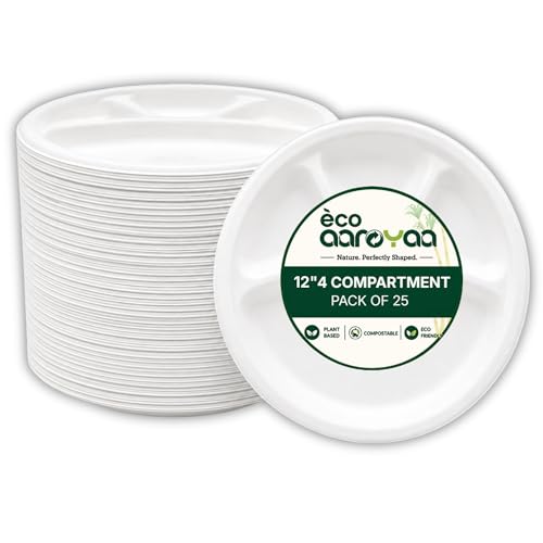 Image of Eco Aaroyaa Bagasse 12 Inch 4 Compartment Plates - Eco-Friendly Bagasse Disposable Plates - Strong Oil & Water Resistant Disposable Plates with Compartments for Parties, Catering & Events (Pack of 25)