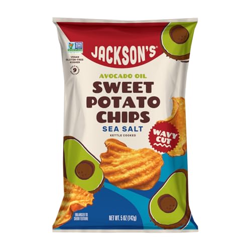 Jackson’s Wavy Sweet Potato Kettle Chips - with Sea Salt made with Premium Avocado Oil (5 oz, Pack of 7) - Allergen-friendly, Gluten Free, Peanut Free, Vegan, Paleo Friendly - Shark Tank Product