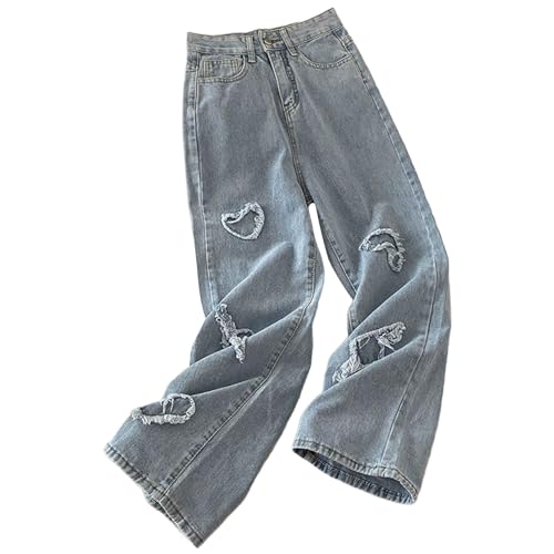 Girls Jeans Wide Leg Baggy Denim Pants Elastic Waisted Trouser Children Distressed Pants with (Blue, 13-14 Years)