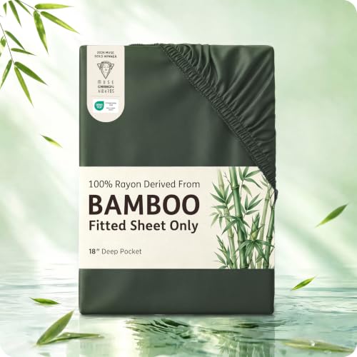Bedsure PureWoven Queen Fitted Sheet Only, 100% Rayon Derived from Bamboo | Cooling Bottom Sheet for Hot Sleepers, Breathable & Soft, Deep Pocket Up to 18", Secure Elastic Corner Straps, Olive Green - image 1