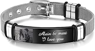 Kaululu Personalised Name Bracelet for Men with Photo Names Engraved Stainless Steel Band Adjustable Custom Gifts for Father and Son Brother Husband Black