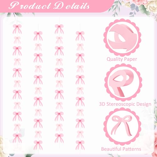 Image of Yeaqee 4 Pcs Pink Bow Hanging Garland Banner, 3D Pink Bow Banner Party Decorations for Coquette Bachelorette Party, Coquette Birthday Decor, Baby Shower, Bridal Shower, Bowtie Decor